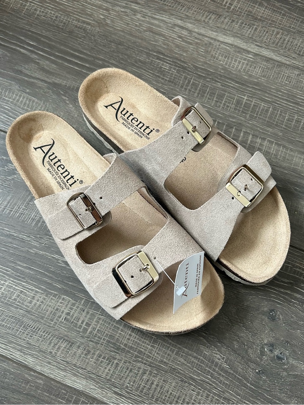 AUTENTI Women's Beige Suede Double-Buckle Slide Sandals size 40